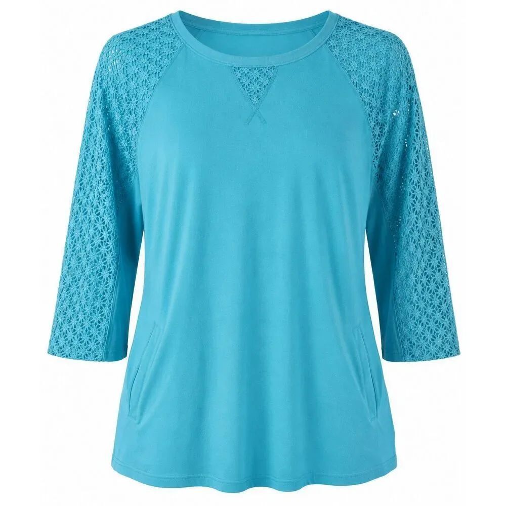 Denim Co Active Top Size 1XP Crochet Lace Sleeve Pockets Casual Aqua Blouse